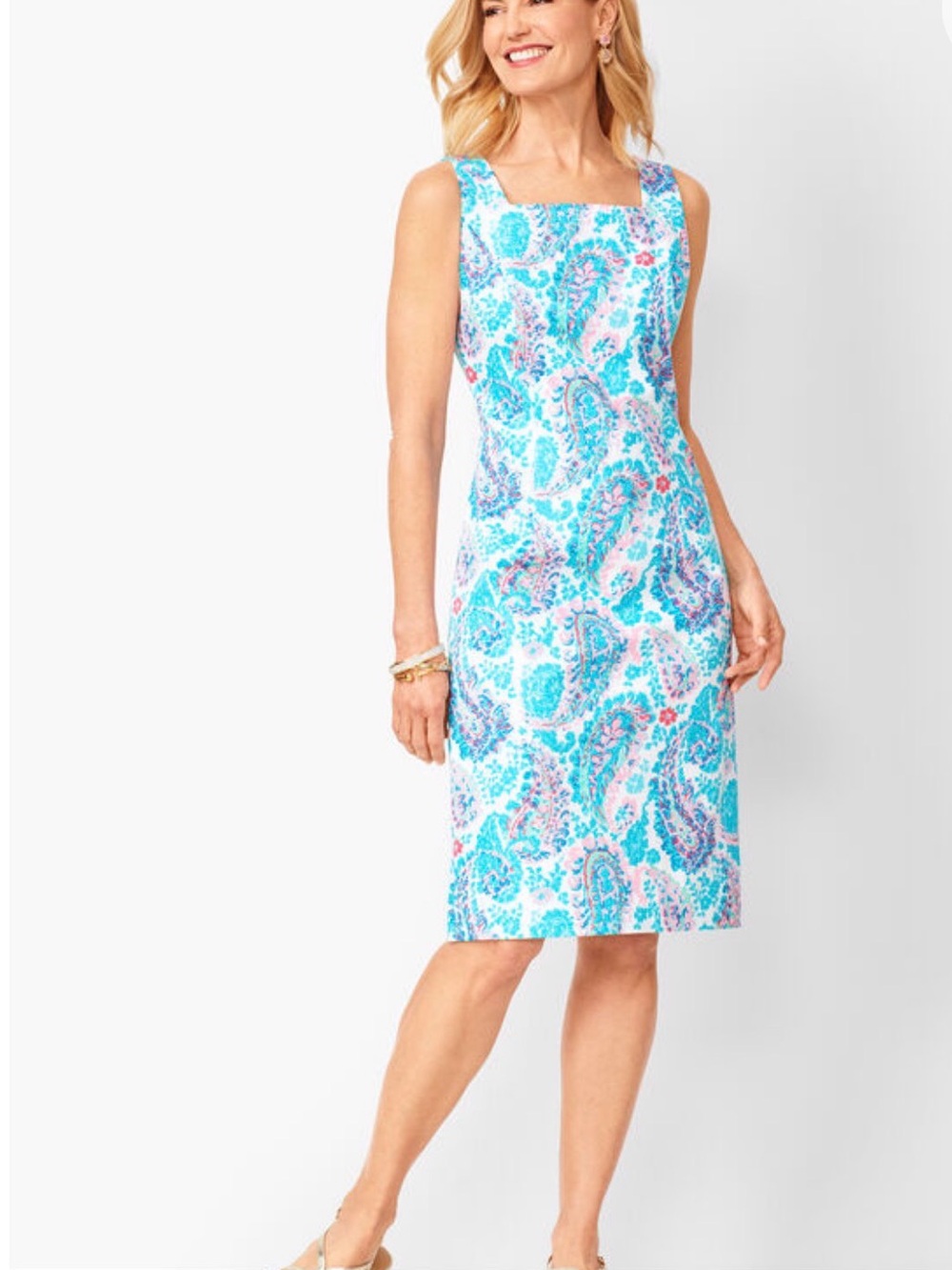 Talbots Size 10 Paisley Cotton Stretch Shift Dress Turquoise Pink Sleeveless